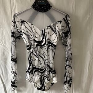 Kelle solo dance costume Black White Mesh Leotard  Rhinestones Adult Small